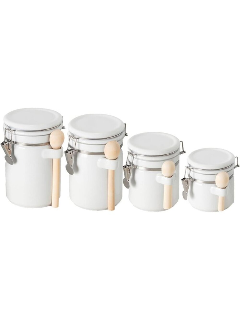 Stylish 4-Piece White Ceramic Canister Set with Wooden Spoons for Kitchen